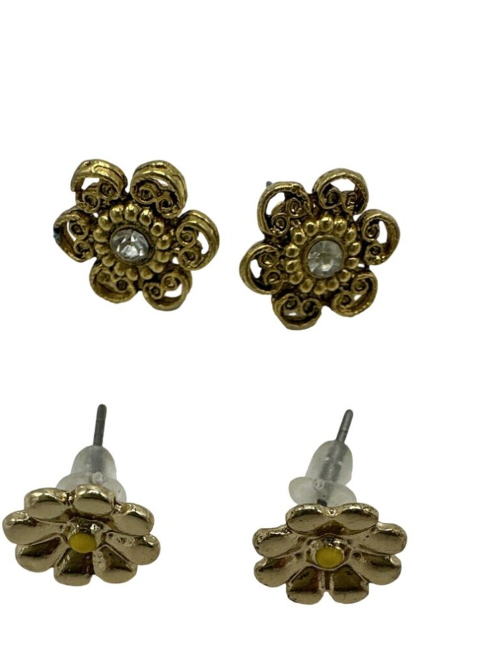 Stud Earrings Lot of 2 Pairs Flowers Floral Gold Tone Rhinestone Cottage Dainty